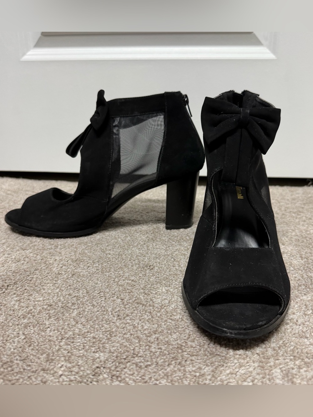 Black Mesh Peep-Toe Block Heel Sandals with Bow